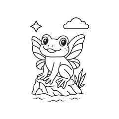 whimsical frog with fairy wings sitting on rock, surrounded by cloud and star, black and white coloring page design.eps