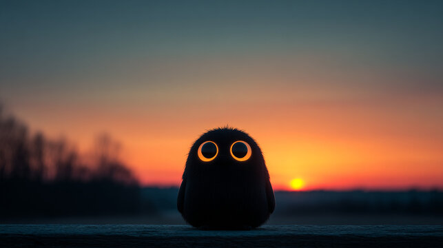 A small, fluffy, round creature with glowing orange eyes sits in silhouette against a vibrant sunset sky - Powered by Adobe