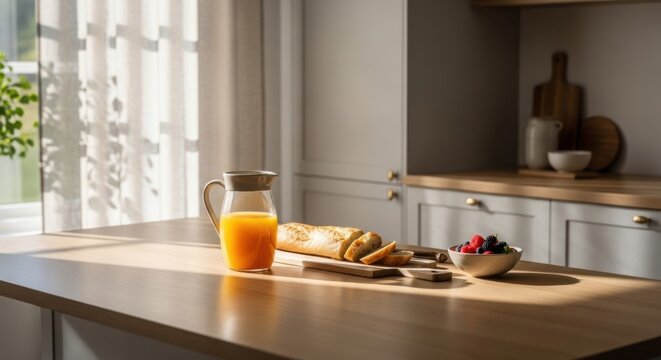 Bright kitchen scene with orange juice bread and berries on wooden table breakfast