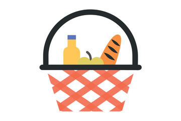 Picnic Basket with Bread Bottle and Apple on Red Gingham Pattern food baguette