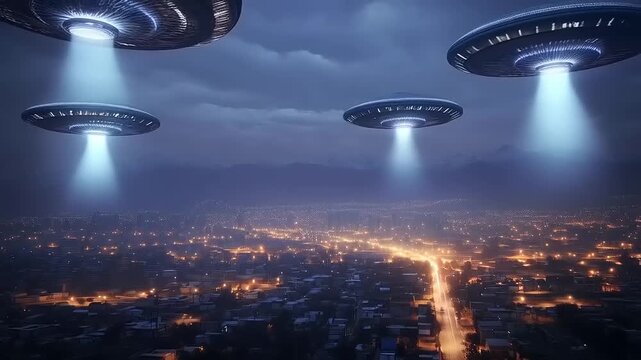 Nighttime Encounter: Four Flying Saucers Hovering Over a City Skyline