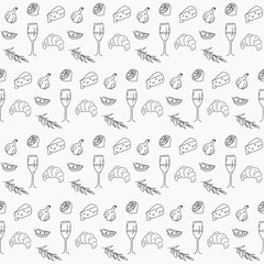 Ink Line Doodle Food Preparing Ingredient Seamless Pattern Background. Sketch Restaurant or Cafe Menu Decoration.  Mediterranean Resort Kitchen Cafe Wallpaper Design. Wrapping Paper Print. Textile Art