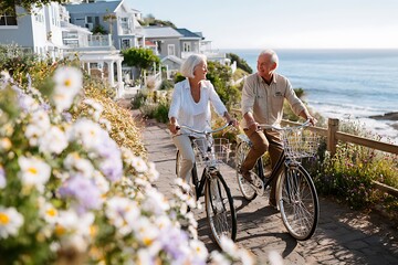 Active senior couple enjoying scenic bike ride along coastal path with ocean views and blooming flowers on sunny vacation day getaway adventure