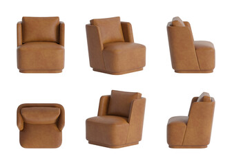 Set of six views of a modern armchair with a brown leather cover, a high backrest and a cushion isolated on the transparent background. Front view, side view, top view, and perspective view. 3d render