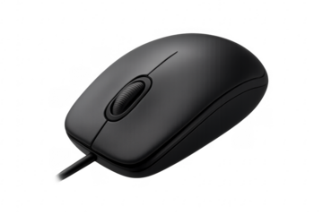 Black wired computer mouse with scroll wheel on transparent background