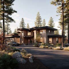 Obraz premium Modern house nestled in pine forest