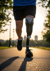 Prosthetic Leg Running on Pavement at Sunset with Buildings in the Background, Achieving Athletic Goals Through Adaptive Sports and Assistive Technology