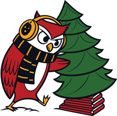 Naklejka premium Whimsical Cartoon Owl Carrying a Christmas Tree