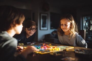 Fototapeta premium Charming kids playing a captivating board game together at home creating joyful family memories on a sunny afternoon of fun and laughter