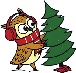Naklejka premium Whimsical Cartoon Owl Carrying a Christmas Tree