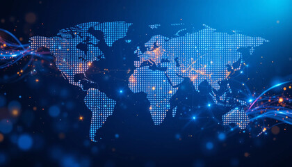 Modern World Map Graphic with Swirling Lines and Glowing Specks