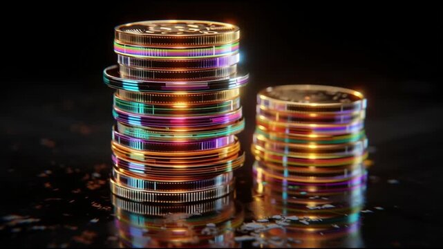 BRICS digital currency trade economy. A vibrant stack of colorful coins reflecting light