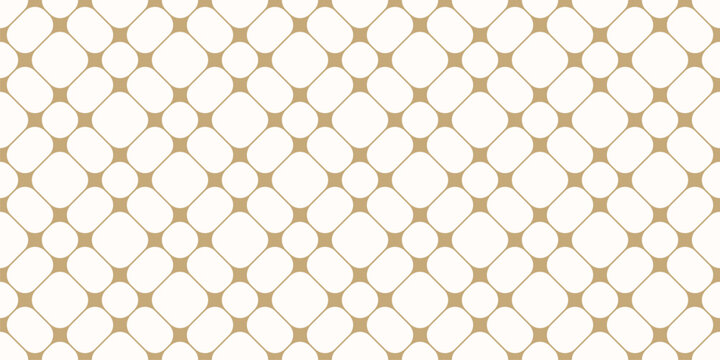 Golden vector seamless pattern with geometric lattice, grid, rounded mesh. Gold and white background with nodes, curved shapes, net, tiles. Abstract minimal ornament. Simple repeating all-over design