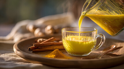 Glass cup with handle being filled with golden turmeric milk from glass pitcher, surrounded by cinnamon sticks, turmeric powder, and wooden spoon