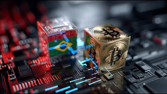 BRICS digital currency trade economy. Two cubes representing Brazil and Bitcoin on a circuit board background.