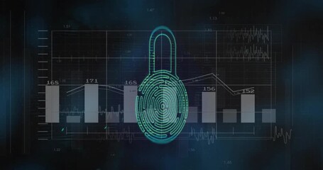 Rising bars starting fingerprint spiral forming lock icon while graphs updating for data security - Powered by Adobe