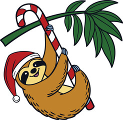 Cute Christmas Sloth Hanging from a Candy Cane Branch