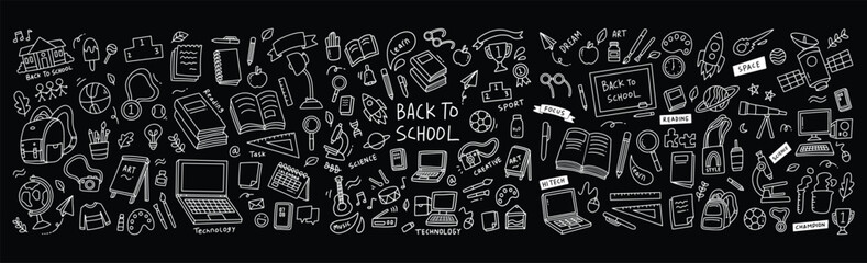 Line art illustration of school supplies and elements. Doodle of back to school in black background