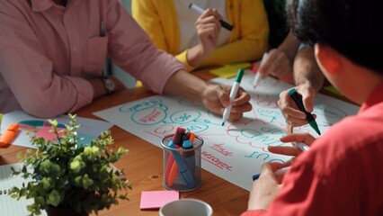 Obraz premium Group of people using mind map sharing marketing idea and brainstorm plan. Closeup of smart business working together to draw mind map by using marker and plan creative start up project. Convocation.