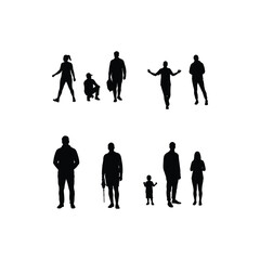 Silhouettes of diverse people standing and walking isolated on white background, representing a group of individuals in urban settings