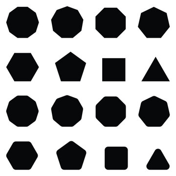 Solid geometric shape icon set vector illustration with polygons, circles, triangles, squares and simple minimal filled abstract design elements.