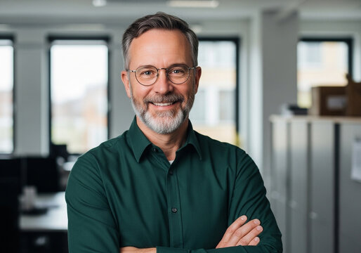 Portrait of smiling man with glasses and green shirt posing with arms crossed in an office setting - Powered by Adobe