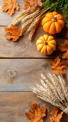 Obraz premium Autumn composition featuring bright orange pumpkins, golden leaves, and wheat on a rustic wooden background