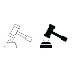 Gavel and sound block icon set vector illustration with minimal law and justice symbols in outline and solid flat style variations.