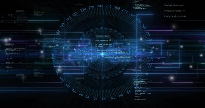 Bright blue node initiating data streams, spinning gauge and scrolling code for initialization