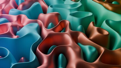 Abstract Metallic Red And Cyan Organic Shapes For Modern Digital Art And Background Design