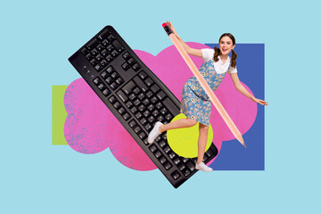 Collage of funny business person relax coffee retro computer keyboard keys text programming code in work concept