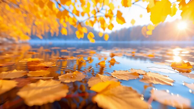Yellow autumn leaves scattered on water surface with sunlight creating golden reflections. Blurred tree branches in background. Close-up macro perspective with shallow depth of field