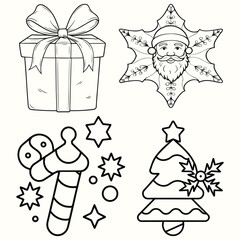 christmas icon set silhouette vector gift box, santa claus, tree, and scavina outline