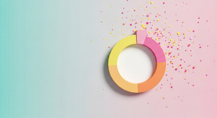 Colorful pie chart with confetti and pastel gradient background for data visualization concept