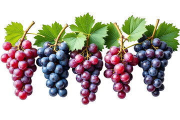 Fototapeta premium five bunches of fresh red and purple grapes with green leaves, isolated on transparent background
