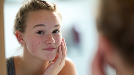 Teenage Girl with Acne Looking at Herself in the Mirror Realistic Skin Care Concept