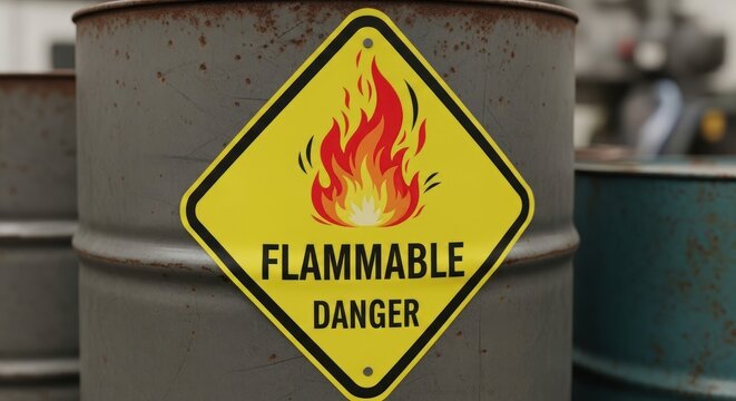 Flammable Danger Sign on Rusty Metal Barrels