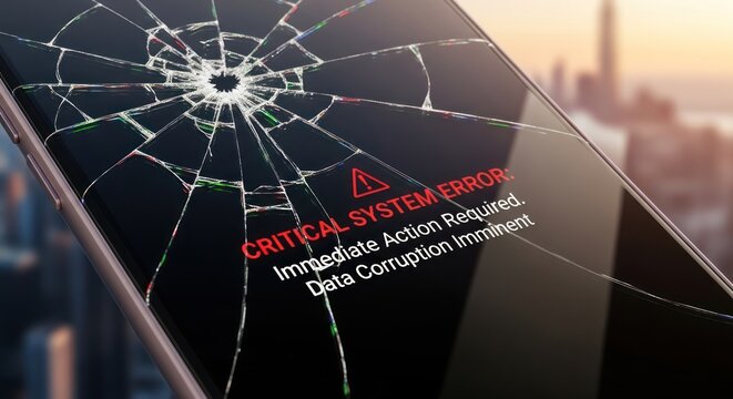 Broken Smartphone Screen with System Error Message. Data Corruption.