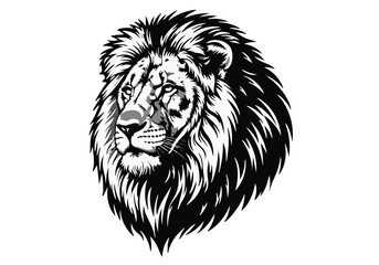 Obraz premium Majestic Lion Head Vector Illustration in Black and White Detailed Lion Mane and Facial Features Wild Animal Symbol of Strength and Royalty