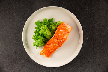 salmon fried fish seafood second course tasty snack fresh delicious gourmet food background on the table rustic food top view copy space pescetarian diet