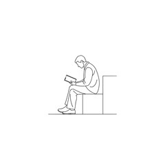 Man sitting on a bench and reading a book in minimalist style.  For design interior and architectural project.  Vector illustration.