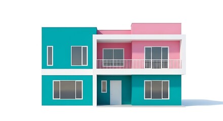 Modern two story house design with pink and turquoise exterior paint color scheme and balcony view