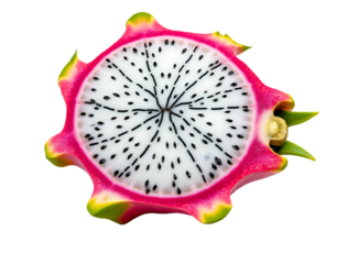  closeup of a dragon fruit pitaya sliced in half, revealing its white flesh with black seeds, isolated on transparent background