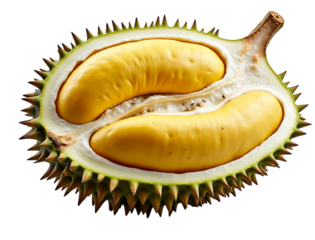  a ripe durian fruit cut in half, revealing its creamy yellow flesh, isolated on a transparent background