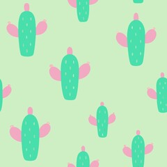 Cactus seamless pattern in pastel green and pink