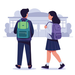 Illustration of a boy and girl with backpacks walking towards a school building.