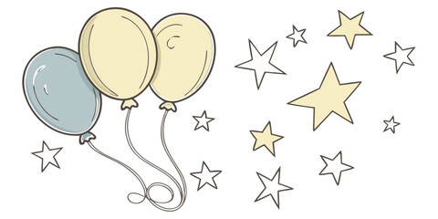 soft watercolor balloons with decorative stars illustration for children party and celebration design isolated on white background.