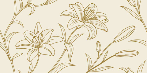 detailed beige repeating pattern of a lily flower, stem, and leaves, vintage botanical illustration style.