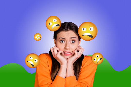 Collage of person surrounded by floating emoji icons expressing fun and different emotions happy joy angry oops lol