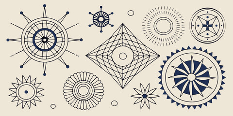 nautical compass rose and ship wheel collection with maritime symbols in vintage line art style